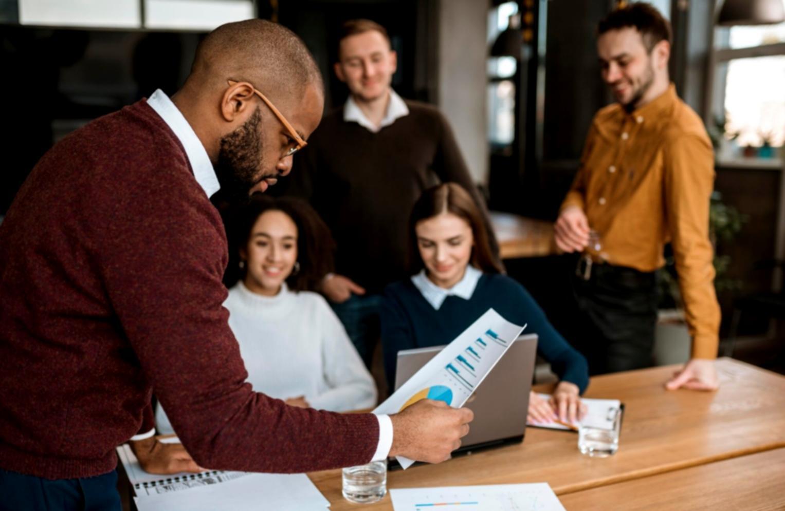 Business professionals collaborating on financial strategy